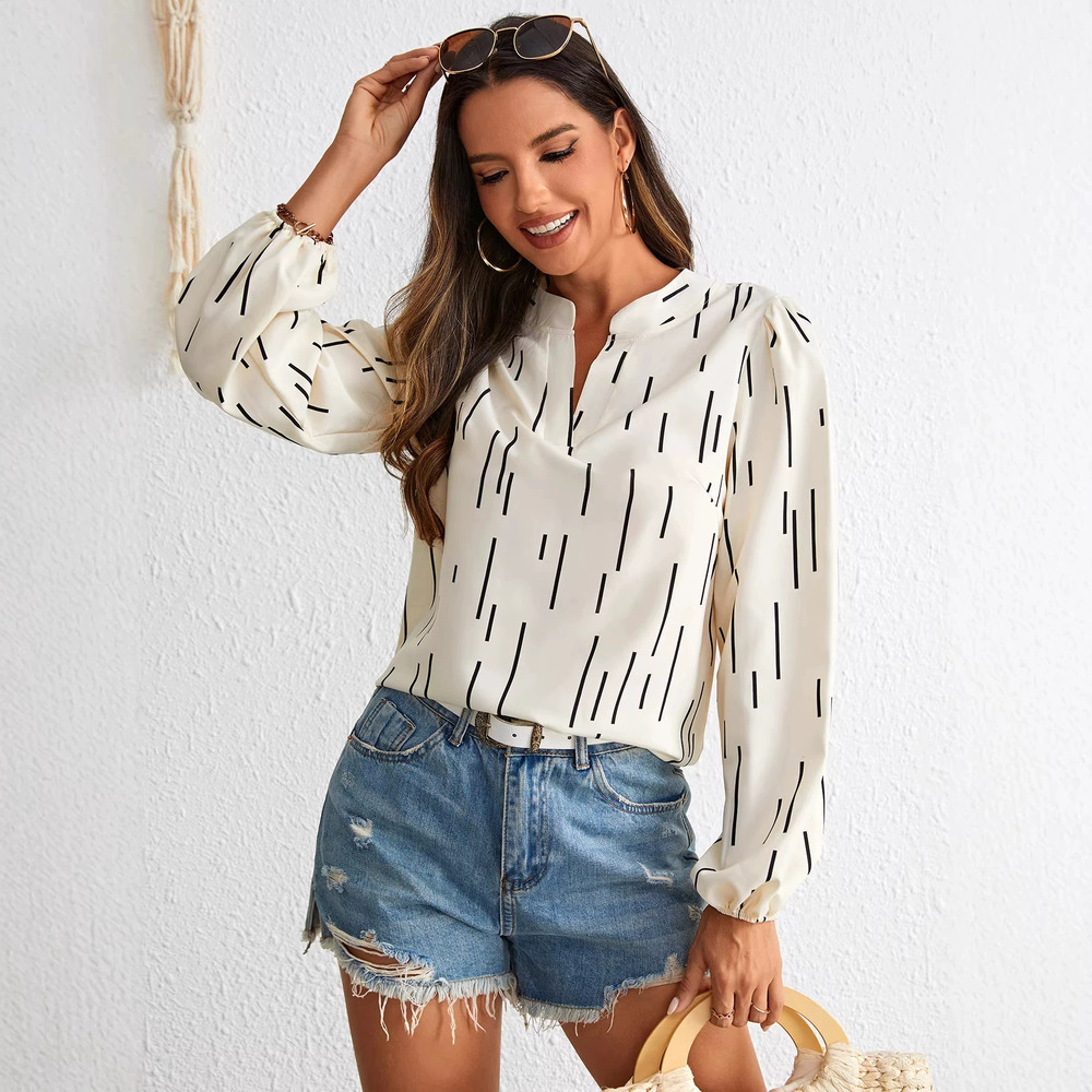 H&M Notch Collar Striped Lantern Sleeve Elegant Blouse